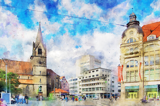 Watercolor painting of Erfurt cityscape. People walking over the anger place.