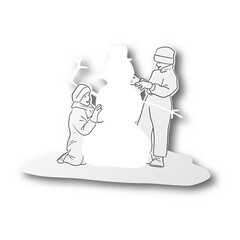 Vector illustration black line hand drawn of two children building snow man on cut paper with shadow isolated on white background