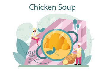 Chicken soup. Tasty meal and ready dish. Chicken meat