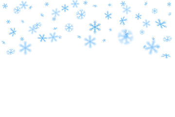 Fototapeta na wymiar Snowflakes are blue, blurry, transparent. Vector illustration of a winter snow background. Decorative decoration for Christmas and new year. With space for text.