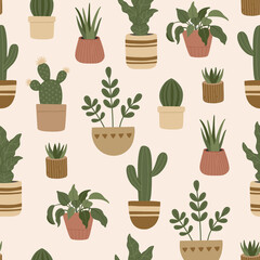 Fototapeta na wymiar Seamless pattern of modern house plants, trendy hand drawn exotic flowers in pots, colorful doodle flat style. Trendy elements in pastel colors, hipster boho style for wrapping paper and textile