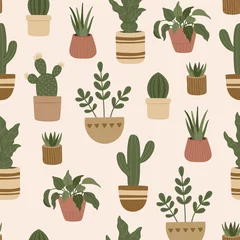 Glasschilderij Cactus in pot Naadloze patroon van moderne kamerplanten, trendy hand getrokken exotische bloemen in potten, kleurrijke doodle vlakke stijl. Trendy elementen in pastelkleuren, hipster boho-stijl voor inpakpapier en textiel