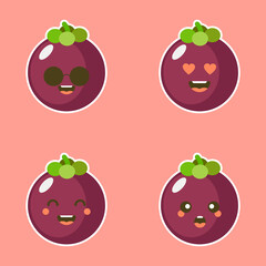 Cute and kawaii Flat Cartoon Mangosteen Illustration. Vector illustration of cute mangosteen with a smiling expression. Cute fruit mascot design