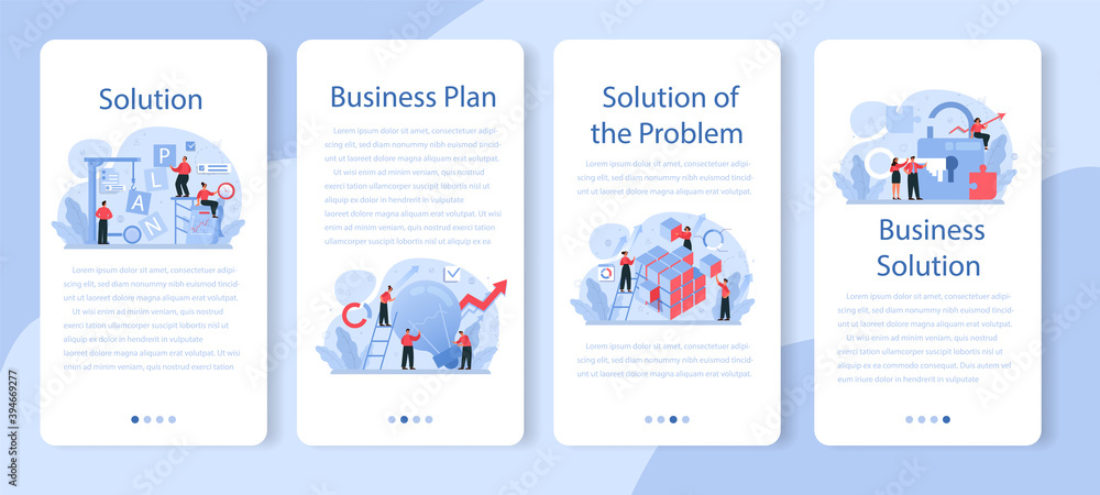Fototapete solution mobile application banner set. solving the problem and finding