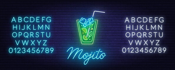 Cocktail Mojito neon sign on brick wall background. Blue and white neon alphabets.