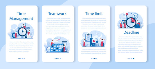 Time management mobile application banner set. Business people work