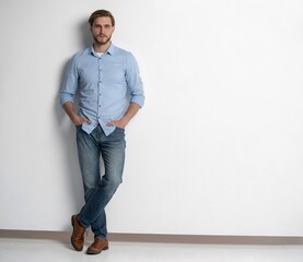 Full length studio portrait of casual young man in jeans and shirt. Isolated on white background. - obrazy, fototapety, plakaty