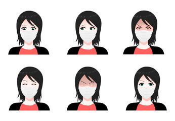 Masked girl. Set of Vector Cartoon Anime Style Expressions. Kawaii Cute Faces. Different Eyes, Mouth, Eyebrows. Anime style, drawn vector illustration. Sketch.