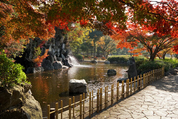 埼玉県上尾市丸山公園の紅葉と滝

