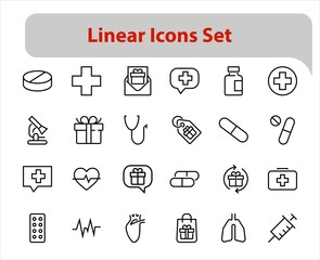 A simple set of medicine ICONS, contains medicine icons, pills, related vector line icons. thin lines, pain, syringe, lungs, microscope, cardiogram, virus and much more. Editable stroke.