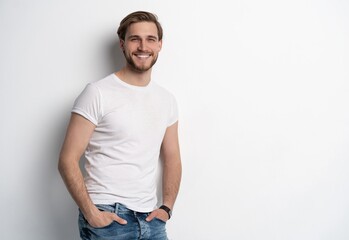 Fototapeta premium Portrait of a smart young man standing against white background.