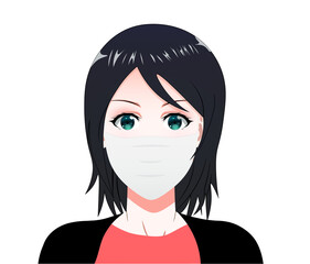 Masked girl. Cartoon face of a woman. Girl different emotions on their faces. Set of Vector Cartoon Anime Style Expressions. Drawn vector illustration. Sketch. EPS 10