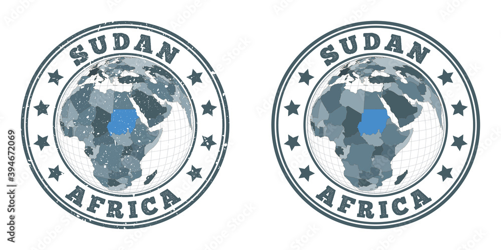 Poster sudan round logos. circular badges of country with map of sudan in world context. plain and textured