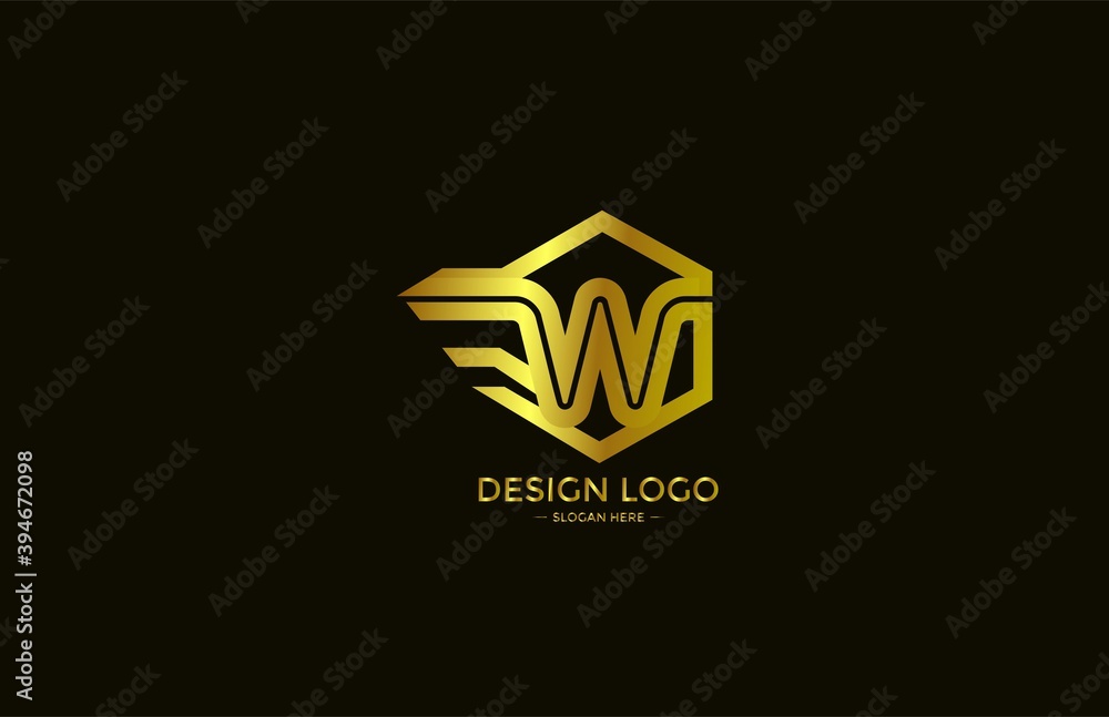 Poster logo typography initial letter w linear monogram hexagon font vector golden