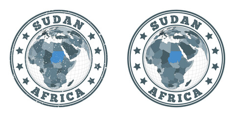 Sudan round logos. Circular badges of country with map of Sudan in world context. Plain and textured country stamps. Vector illustration.