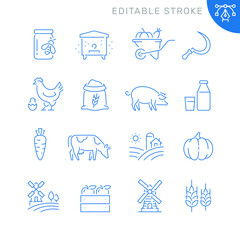 Farming and agriculture related icons. Editable stroke. Thin vector icon set