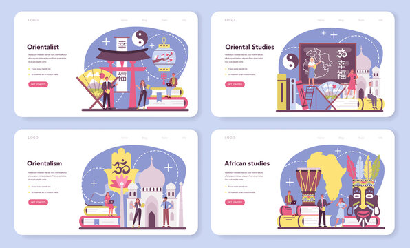 Orientalist web banner or landing page set. Professonal scientist