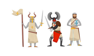 Crusaders in Iron Armour Suit and Sharp Sword Vector Set