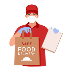 Delivery man in a medical mask and gloves holding a bag with food .Concept of safe food delivery during the epidemic coronavirus.Vector illustration