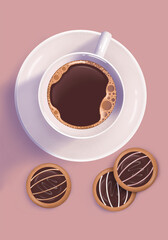 Black coffee Cup with cookies with shadow on pale pink background, vector illustration