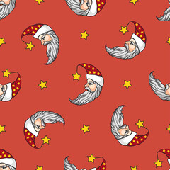.Crescent Santa in the starry sky. Vector  seamless pattern. Good Night and Merry Christmas Moon Design.