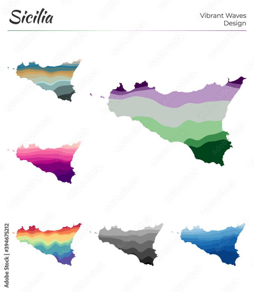 Poster set of vector maps of sicily. vibrant waves design. bright map of island in geometric smooth curves 