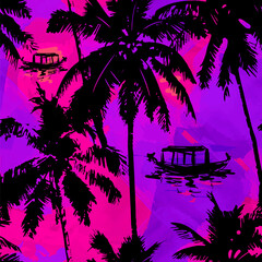 Hawaiian style - seamless pattern with tropical branches, the silhouette of coconut trees and fishing boat with a sunset background