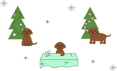 set of vector images of dogs  and Christmas trees