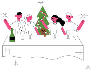 flat vector characters celebrating new year and Christmas online