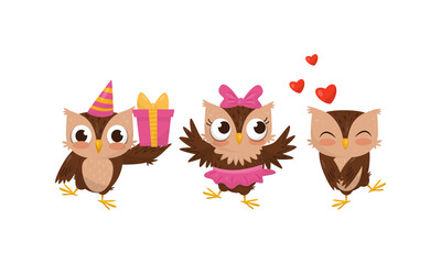 Cute Owl Carrying Gift Box and Fallen in Love Vector Set