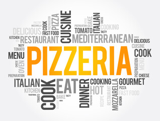 Pizzeria word cloud collage, food concept background