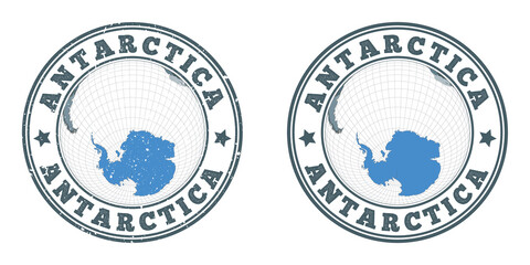 Antarctica round logos. Circular badges of country with map of Antarctica in world context. Plain and textured country stamps. Vector illustration. © Eugene Ga