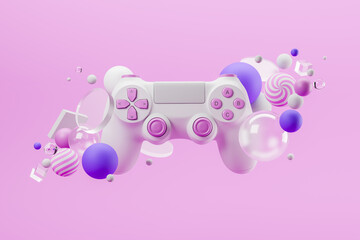 White standard game controller, joystick, gamepad on a pink background with abstract geometric shapes. 3d rendering