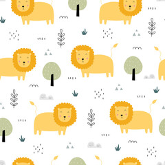 Seamless pattern Animal cartoon background with the lion on grassland Hand drawn design in childrens style used for pattern fabric, textile, wallpaper. Vector illustration