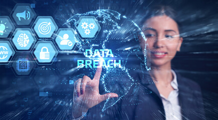 Business, Technology, Internet and network concept. Young businessman shows the word: Data breach