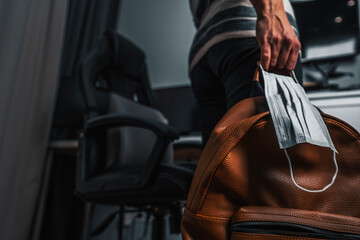 A man holds a mask and backpack, photo taken from the bottom in the office