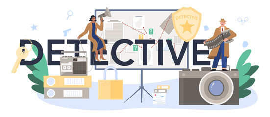 Detective typographic header. Agent investigating a crime place