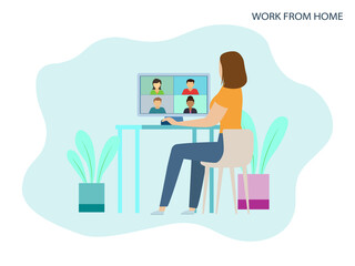 Working from home via video conference, meeting with the team in social distancing the concept of the COVID-19 pandemic, a woman stays at home, works at home, chair, conference, meeting with the team