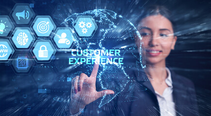 Business, Technology, Internet and network concept. Young businessman working on a virtual screen of the future and sees the inscription: Customer experience