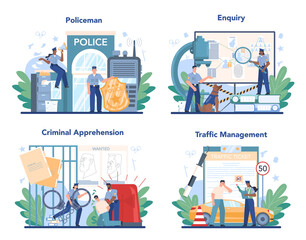 Police officer in uniform set. Detective making investigation and apprehension