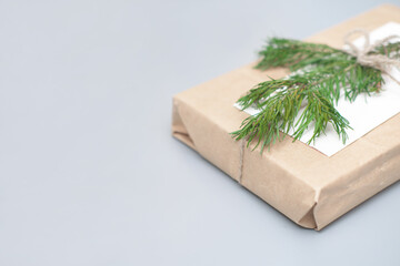craft paper wrapped gift, reusable sustainable recycled gift wrapping alternative zero waste concept. 