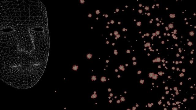 White wireframe motion captured face sneezes and releases virus particles on black background. COVID-19 concept. Digital animation.