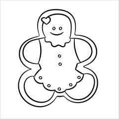 Contour drawing of a gingerbread man. Cute Christmas biscuit. Isolated vector illustration on a white background.