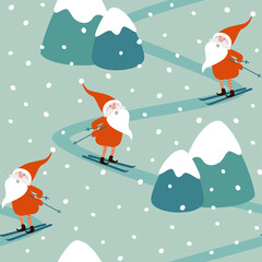 Christmas and New Year seamless pattern for greeting cards, wrapping paper. Christmas gnomes on skis, mountains, snow.