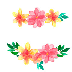 Fototapeta premium set of watercolor wreath illustrations, flower frame elements, airy and transparent flowers, orange, yellow, red flowers, handmade design elements perfect for greeting cards, wedding invitations