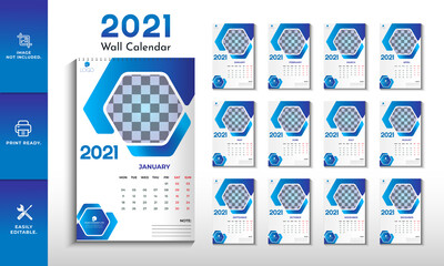 2021 Wall Calendar template design, 12 months include, 12 page calendar