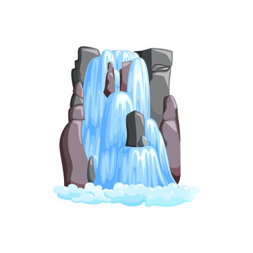 recommend clip art: Waterfall cascade in mountains. Cascade of water in jungle mountains isolated in white background. Vector illustration in cartoon style