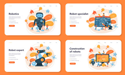 Naklejka na ściany i meble Roboticist web banner or landing page set. Robotic engineering