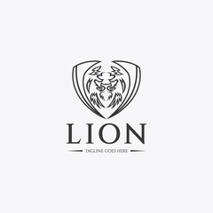 Lion shield logo design template. Lion line con. Vector illustration