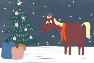 Brown horse with orange scarf and blue hat on christmas night in the snow